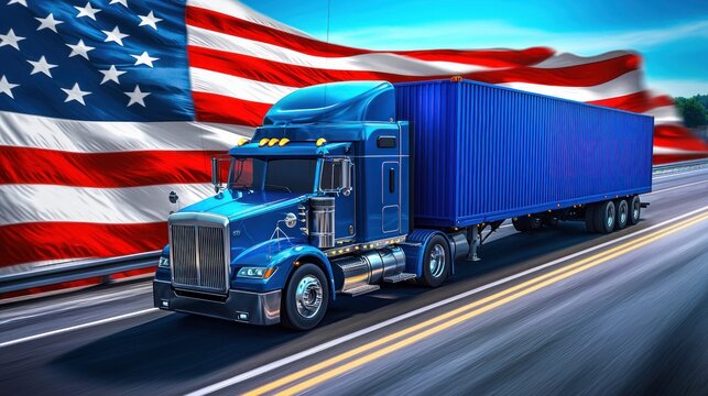A blue semi-truck transports goods with the American flag waving in the background, symbolizing national pride and commerce on the open road.
