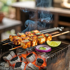 Grilled paneer tikka skewers sizzling over glowing charcoal, smoke swirling in the air, topped with fresh lime wedges and onion rings.