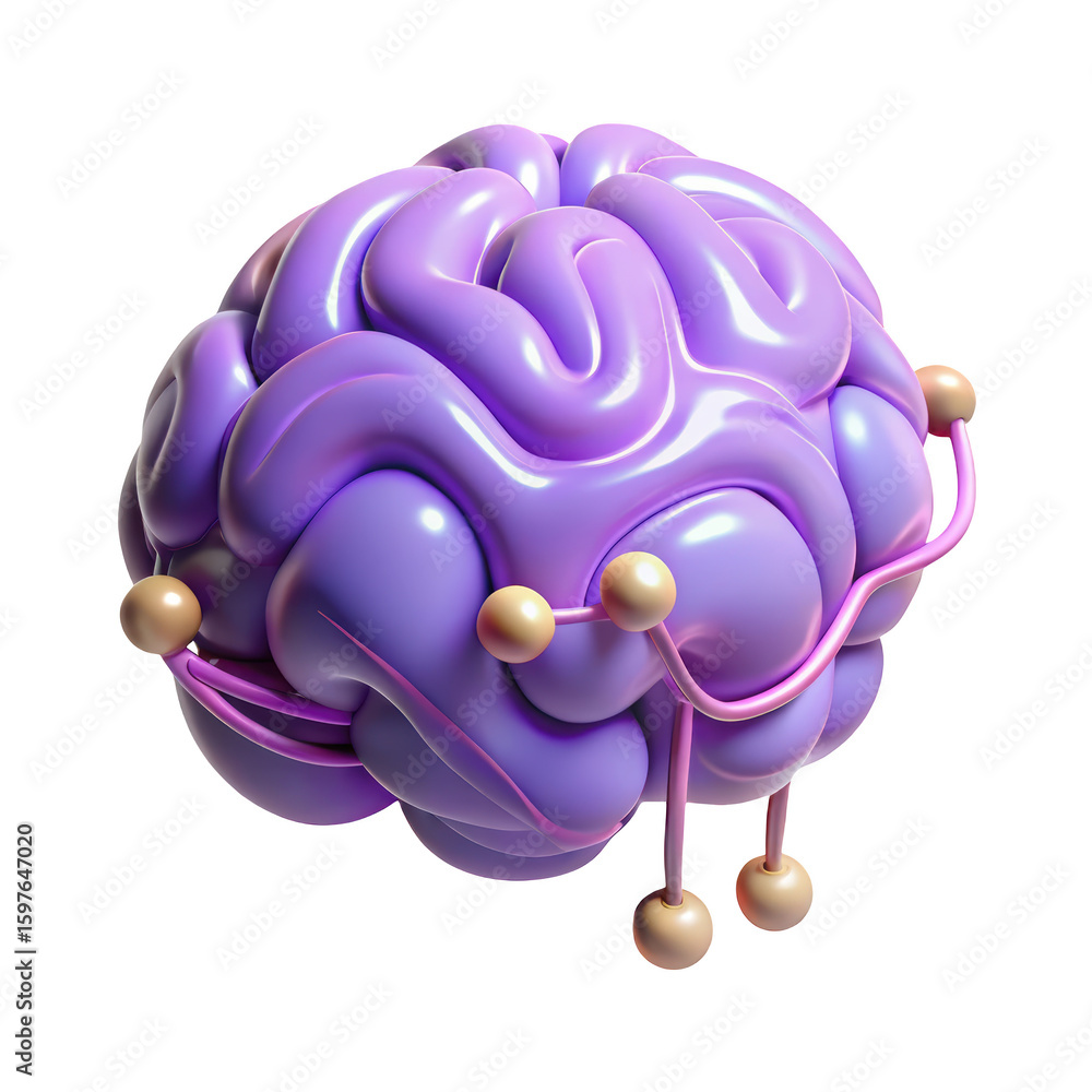 Poster glossy lavender neural network brain 3d rendering icon with synapses on backdrop for science educati