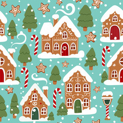 Seamless Christmas pattern with gingerbread houses, trees, candy canes. Christmas treats festive background. Perfect for wrapping paper, textiles, greeting cards, festive decor, stationery, packaging
