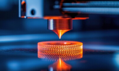 A close-up of a 3d printer nozzle depositing material to form a circular object in an industrial setting, lit with orange glow.