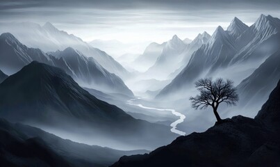 A tranquil landscape reveals a lone tree atop a rocky peak. The scenery is dominated by misty mountain ranges, offering a serene atmosphere.
