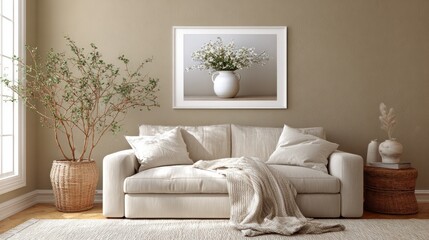 Cozy beige living room with plants and artwork