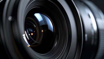 Close-up of a camera lens with reflective glass elements and textured rings.