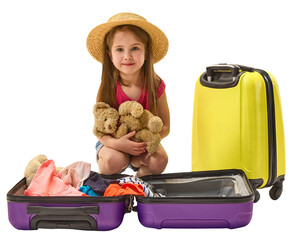 Girl with straw hat smiling and holding teddy bears near suitcases on transparent background....