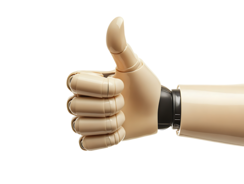 Right side robotic hand showing thumbs up gesture symbol of positivity advanced mechanical technology support icon isolated on transparent background