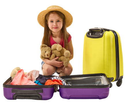 Girl with straw hat smiling and holding teddy bears near suitcases on transparent background. Concept of vacation packing, travel services, family trip, summer holiday, childcare blogs, tourism ads.