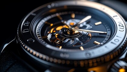 Close-up of a luxurious mechanical watch showcasing intricate golden gears and sleek design.