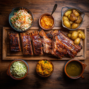 Grilled Meat Dinner Plate Orange Ribs BBq Sauce Homestyle Plateful Steaming Ribs Appetizer Roasted Potatoes Salad Herbs Bowl Serving Caramelized Classic Texture Tender Flavorful Savor Fork