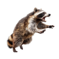 Fototapeta premium A raccoon is jumping in the air and has its mouth open