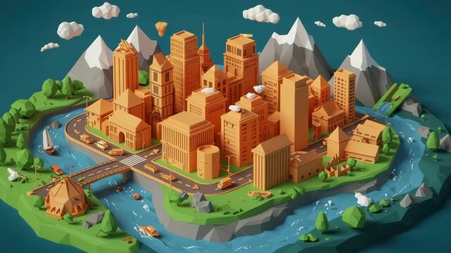 Low poly origami cityscape on island