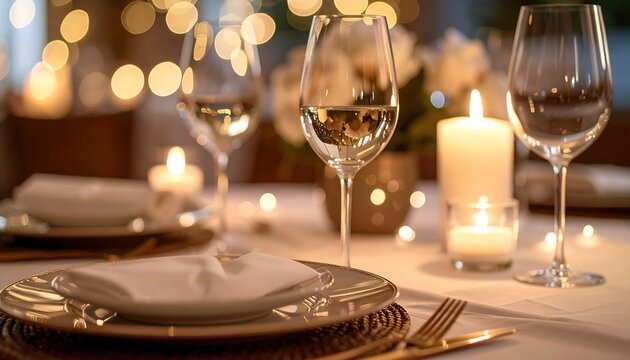 Elegant table setting with wine glasses, plates, and soft candlelight, creating a romantic ambiance.