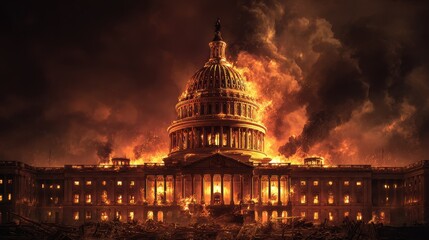 Fototapeta premium America Destroyed. Capitol Building Engulfed in Flames: City Destruction and Government Crisis