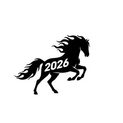 Elegant black horse silhouette with flowing mane and 2026 design for celebration and branding. This horse captures the essence of the Year of the Horse with its strong and dynamic pose.