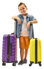 Confident boy posing with two colorful travel suitcases on transparent background. Concept of...