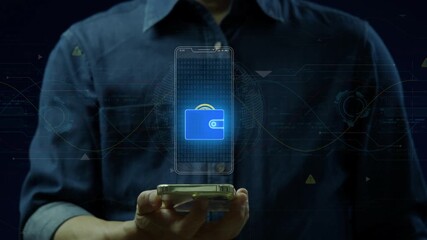 Fintech Dashboard concept, modern financial dashboard with crypto charts, banking UI, stock analytics, and mobile investment tools. Businessman shows digital wallet icon on virtual screen. - Powered by Adobe