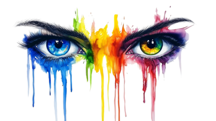 Vibrant watercolor painting of two expressive eyes in rainbow colors isolated on transparent background