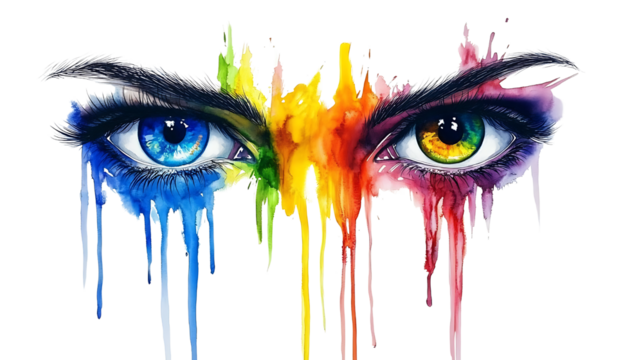 Vibrant watercolor painting of two expressive eyes in rainbow colors isolated on transparent background