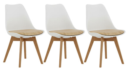 Three white modern chairs with wooden legs and seat cushions isolated PNG with Transparent Background