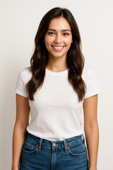 Obraz premium Smiling young woman standing against white background