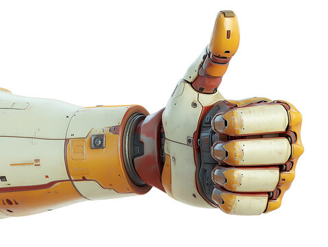 Futuristic robotic hand making thumbs up gesture advanced technology innovation and artificial intelligence isolated on transparent background