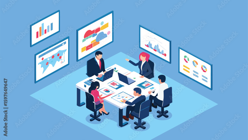 Aufkleber isometric view of a business meeting with charts and laptops around a white square table displayed