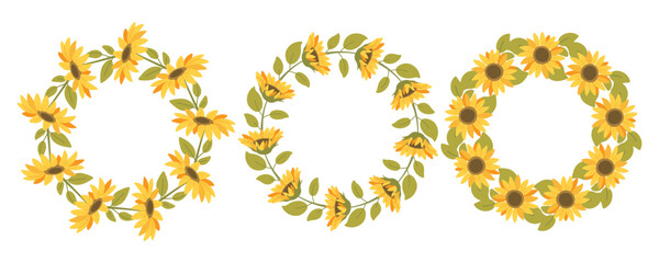Round flower frame with sunflower. Wreath of blooming sunflowers in flat style. Vector botanical templates for wedding invitations, photos