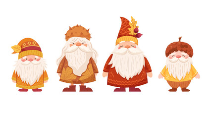 Set of funny gnomes for kids. Scandinavian gnomes, dwarfs for kids in pastel colors. Vector characters