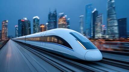 Futuristic train speeding through a city at dusk