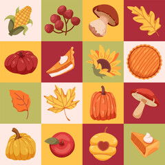 Grid with Thanksgiving icons. Checkered autumn pattern with harvest, chess ornament. Vector fall illustrations
