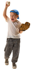 Excited boy holding baseball and glove on transparent background. Concept of sports enthusiasm, children games, team play, youth competitions, active lifestyle, school sports promo.
