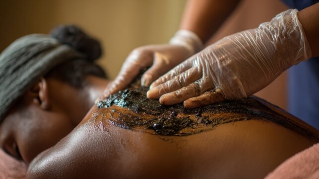 Back Scrub. African American Woman Receiving Exfoliating Massage Therapy with Natural Products