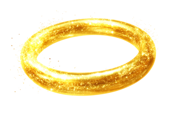 Glowing golden halo ring with sparkling light particles symbolizing divinity purity magic or fantasy isolated on transparent background