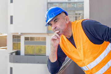 Portrait of an engineer wearing protective workwear posing looking at an unspecified point leaning chin on hand
