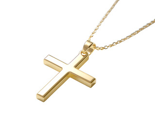 Golden christian cross necklace pendant with polished surface and chain for religious fashion or faith accessory concept isolated on transparent background