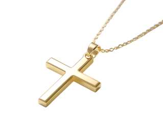 Golden christian cross necklace pendant with polished surface and chain for religious fashion or faith accessory concept isolated on transparent background