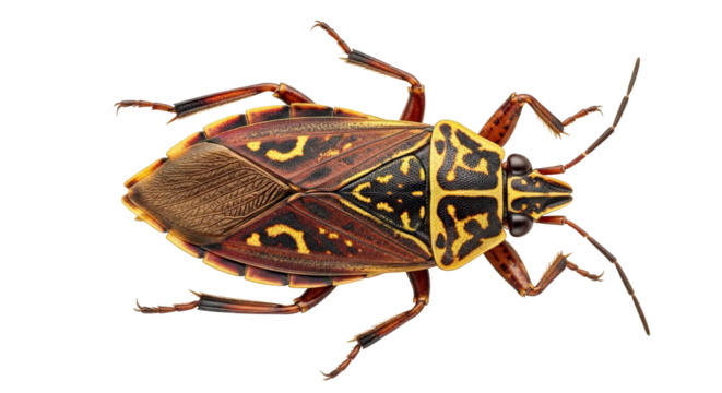 A detailed topdown view of a colorful insect isolated on a transparent background