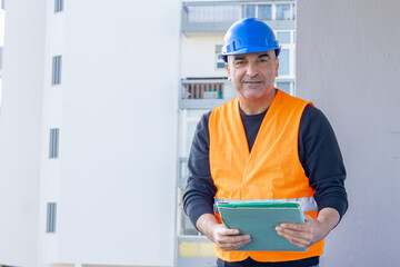 Front view portrait of a smiling civil engineer or factory worker wearing a blue helmet and looking at camera