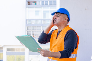 Tired and exhausted mechanical technician or building contractor. Bad news triggering headache