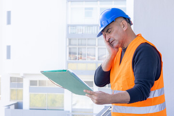 Tired and exhausted mechanical technician or building contractor. Bad news triggering headache