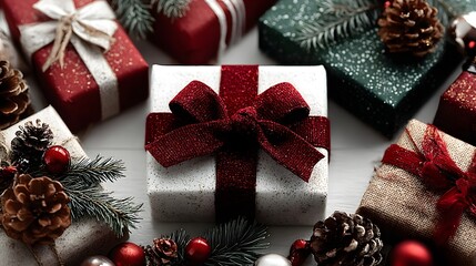 Flat Lay of Christmas Gifts with Red Ribbon