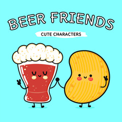 A cute beer and potato chip cartoon are best friends in a joyful friendship scene.