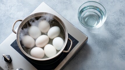 Close up view of eggs gently boiling in a stainless steel pot on a sleek minimalistic kitchen countertop with soft rising steam