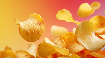 Close up view of crispy potato chips bursting into pieces captured in midair against bright yellow and orange gradient background