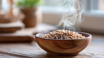 Close up view of warm fluffy buckwheat served in a rustic ceramic bowl with gentle steam rising