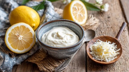 Close up view of creamy sour cream in ceramic bowl with grated horseradish and fresh lemon slice on white surface