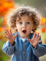 Closeup excited curly haired toddler raising both hands mid motion in green park background