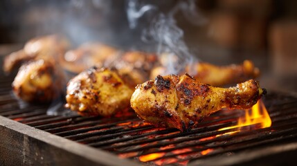 Closeup of sizzling chicken drumsticks cooking on charcoal grill with smoke rising over glowing embers beside rustic wooden table