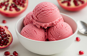 Close-up of a white bowl filled with three scoops of pomegranate ice cream, garnished with a pomegranate slices. 