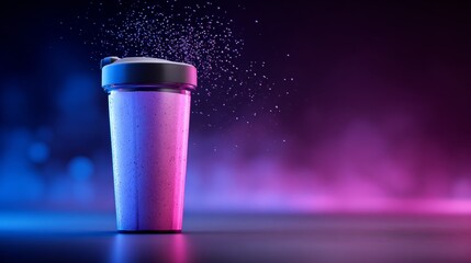 Hyperrealistic sports nutrition bottle with water droplets and neon gradient lighting on dark backdrop with floating dust particles
